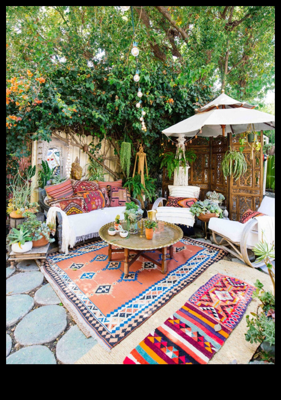 Îmi puteți recomanda modalități de a utiliza Decorul eclectic de terasă în aer liber cu perne Boho vibrante?
